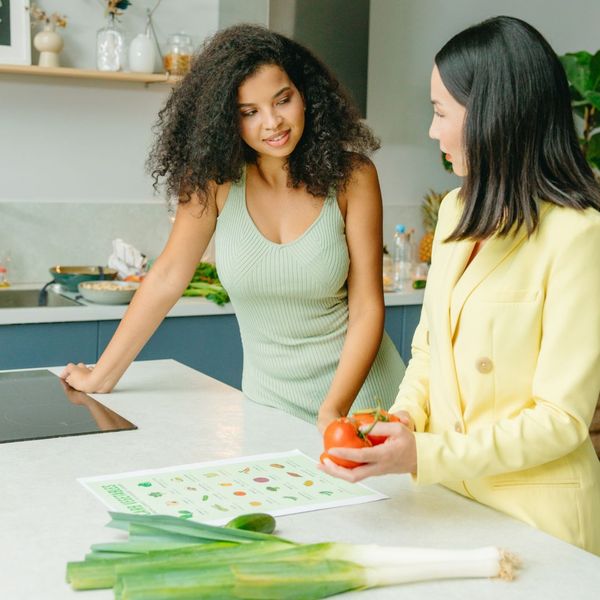 two woman talking about healthy eating