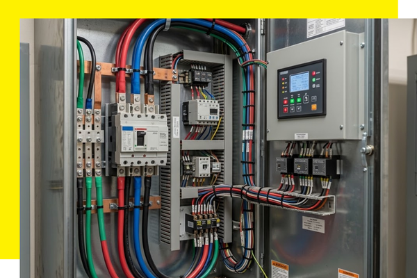 Internal electrical wiring and digital control panel of a commercial automatic transfer switch installation.