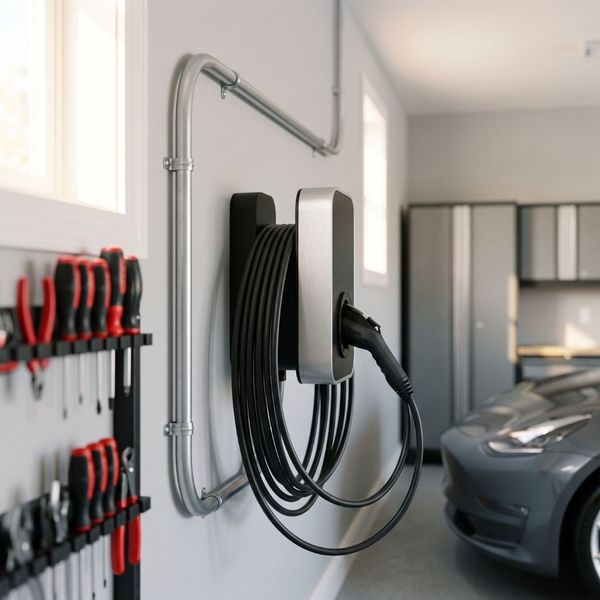 Wall-mounted Level 2 EV charger with clean metal conduit wiring and organized cable dock in a modern garage.