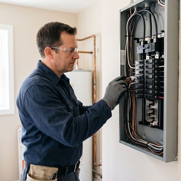 Certified electrician inspecting an open electrical breaker panel to evaluate home power capacity for a Level 2 EV charger.