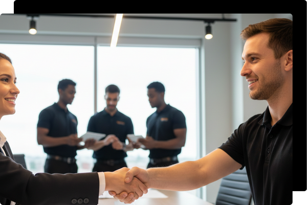 A Sparky Electric & Solar professional shaking hands with a commercial client in a well-lit office, representing the company's reliable service, guaranteed installation, and strong partnership.