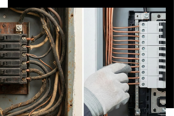 A side-by-side comparison showing an old, rusted fuse box next to a newly installed, modern circuit breaker panel.