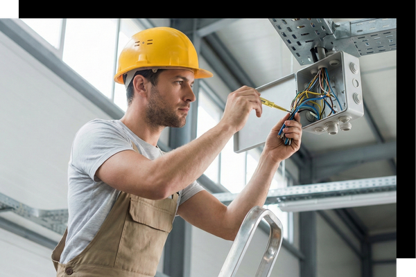A commercial electrician on a ladder inspecting wiring connections inside a ceiling-mounted junction box.