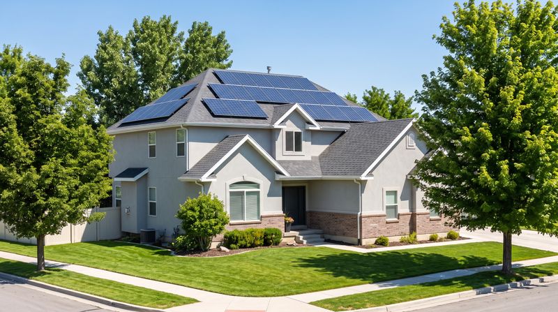 A modern residential roof lined with sleek solar panel arrays against a clear blue sky. Solar Panel Installation