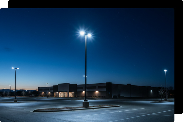 A well-lit, empty commercial parking lot at dusk, with bright LED pole lights illuminating the asphalt and the exterior of a large, dark building in the background.
