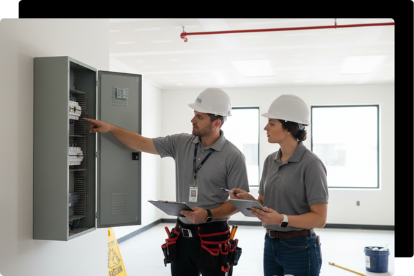 Protect managers inspecting an open electrical panel in a commercial space under construction.