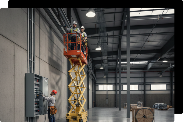 Three electricians working on industrial electrical systems within a large, modern warehouse.