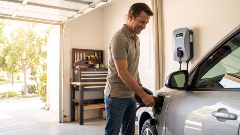 Homeowner plugging an electric vehicle into a wall-mounted Level 2 EV charger in a Sacramento residential garage. Homeowner plugging an electric vehicle into a wall-mounted Level 2 EV charger in a Sacramento residential garage.