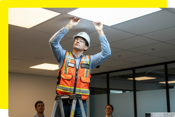 A professional electrician, wearing a hard hat and safety vest, installing a new, bright LED panel light into a suspended ceiling in a modern office environment, demonstrating an LED retrofit.