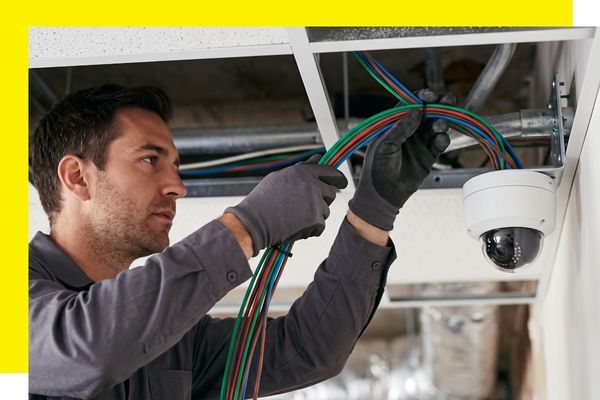 Worker in grey gloves installing a bundle of multi-colored network cables into a ceiling grid near a dome camera.