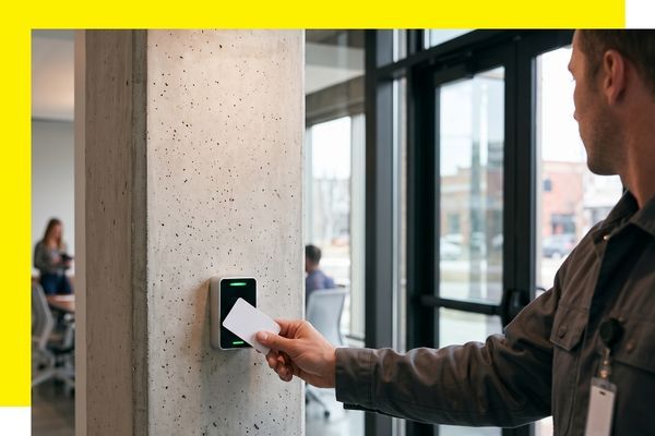 Person holding a white access control card near a small wall-mounted keycard reader with green lights.