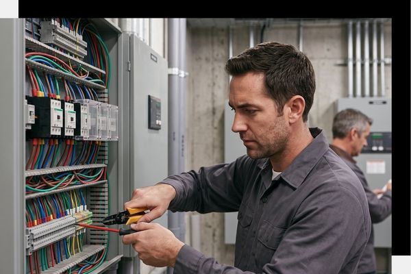 Male electrician using wire strippers to connect wiring inside an open industrial electrical control panel.
