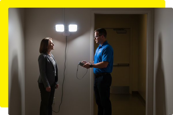 A professional electrician in a blue polo shirt demonstrating the functionality of an emergency light and an illuminated red "EXIT" sign to a female client
