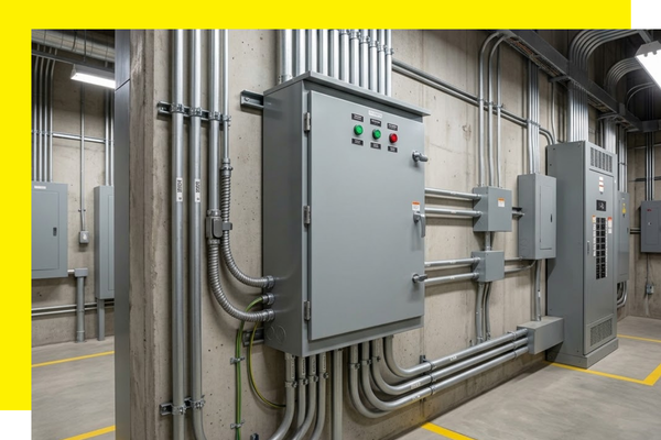 Clean, code-compliant wall-mounted generator transfer switch panel installation in a commercial electrical room.