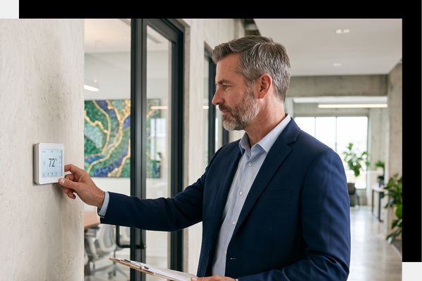 Businessman in a navy blazer interacting with a white wall-mounted smart thermostat control panel.