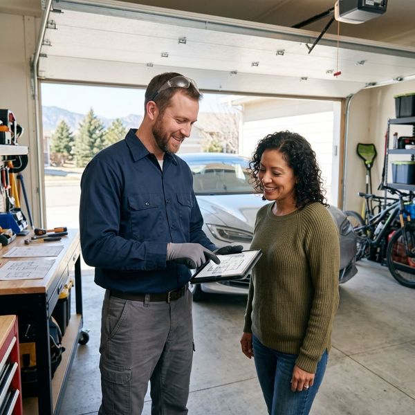 Licensed electrician discussing EV charger installation plans and local permitting details with a homeowner on a tablet.