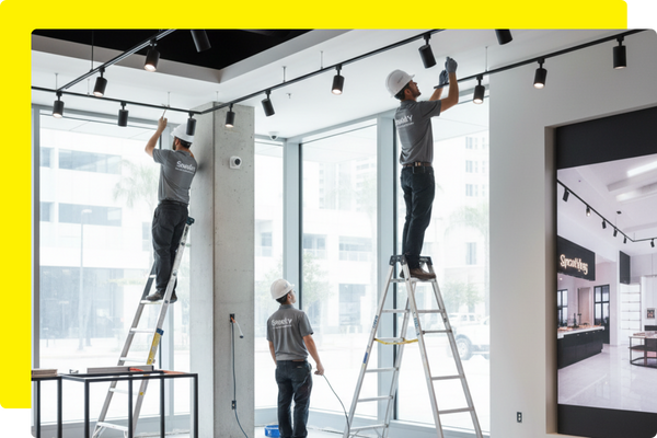 Electricians installing track lighting and running conduit in a modern retail store space under construction, featuring exposed ceiling structure and large window displays.