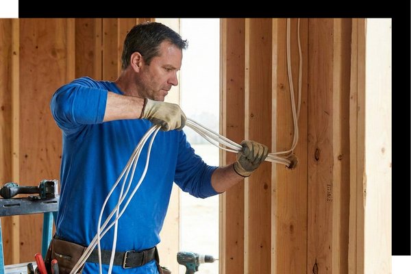 An electrician pulling a bundle of electrical wires through a wooden stud wall during a new construction installation.
