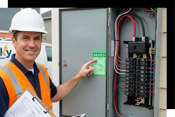 A professional electrical inspector from Sparky Electric & Solar pointing to a "PASSED" inspection sticker on a new electrical service panel.