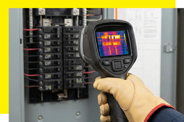 A handheld thermal imaging camera scanning an open electrical panel to detect overheating hotspots.
