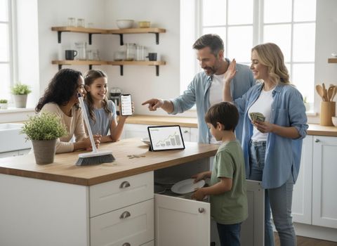 Family managing chores and finances in kitchen