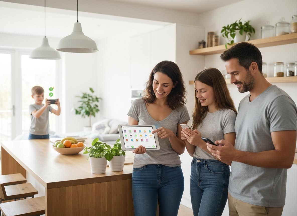 Family Interacting with Smart Devices in Modern Kitchen