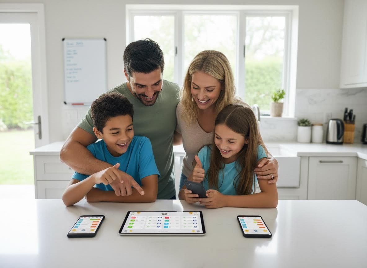 Happy family using digital devices in a modern kitchen