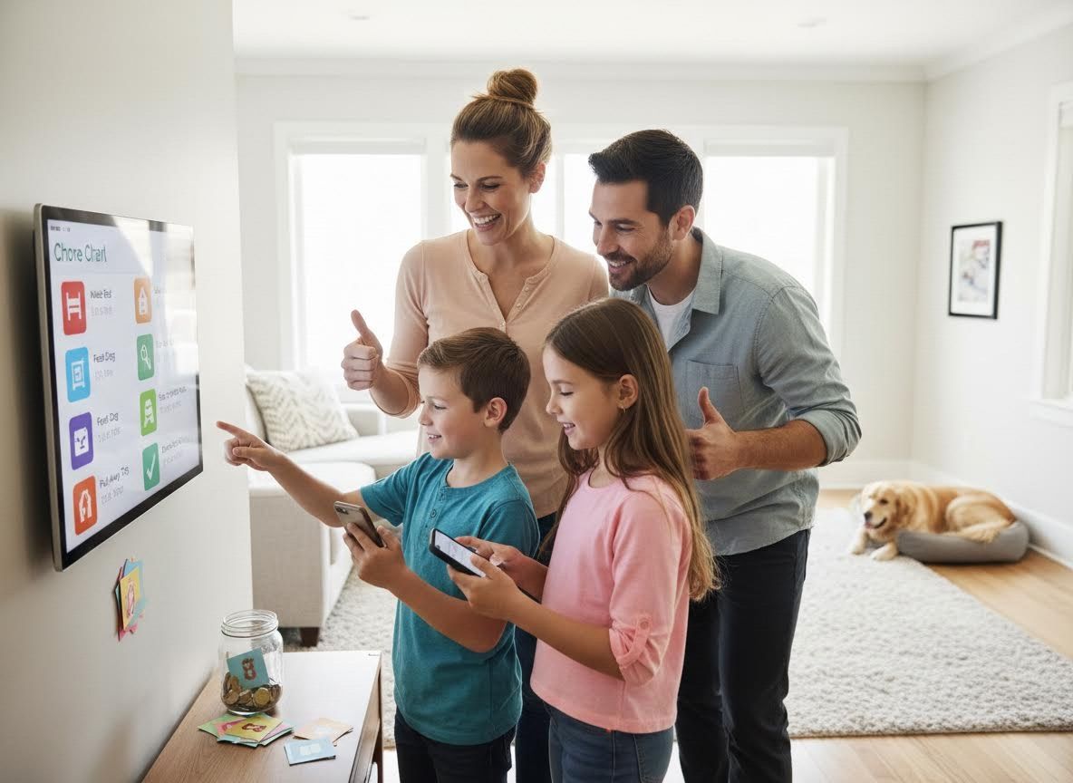 Family engaging with smart home chore chart