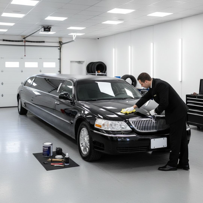 A chauffeur in uniform uses a cloth to meticulously polish the hood of a luxury black stretch limousine.