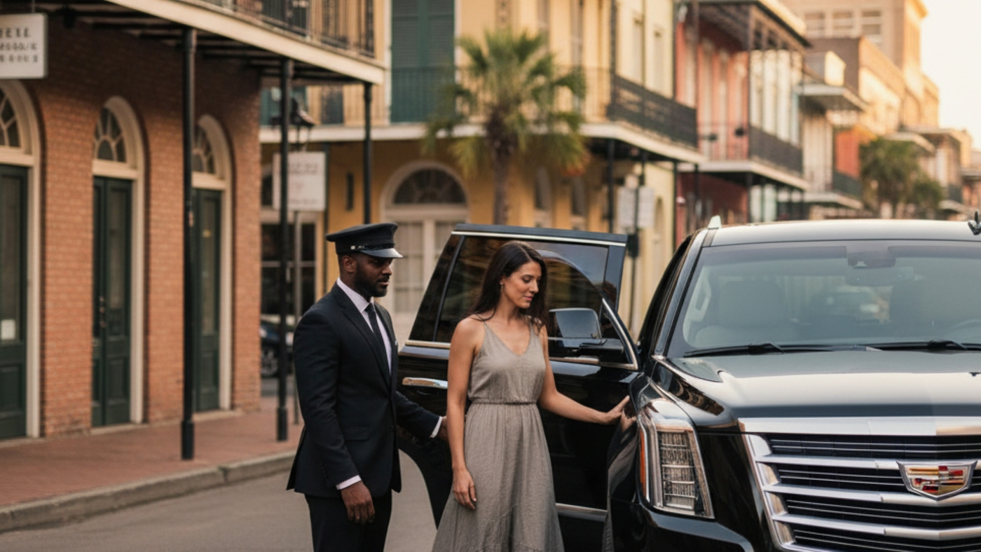 Chauffeur opening a car door for a woman