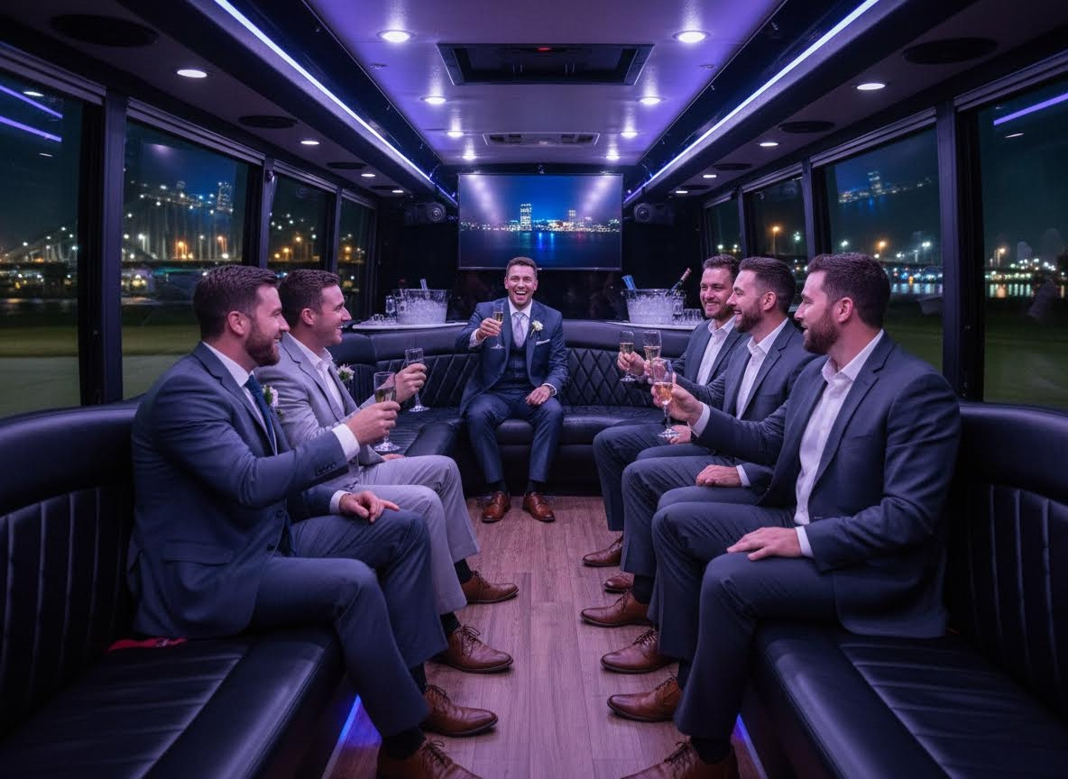 Groomsmen Celebrating in a Luxury Party Bus