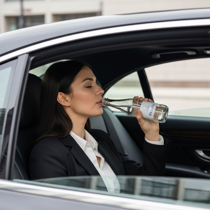 A passenger casually sips from a bottle of water while relaxing in the back seat of a luxury car.