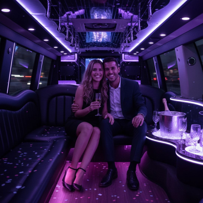 A couple smiling in a luxury limo.