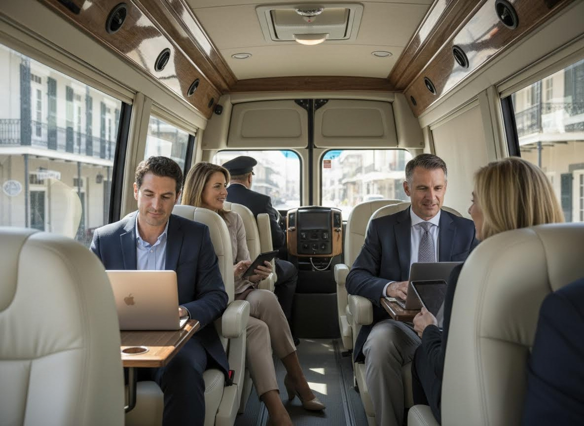Business professionals working in a luxury chauffeured shuttle van