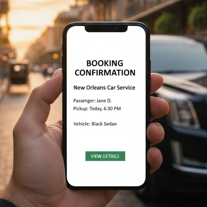 A traveler holds a phone displaying a clear digital confirmation for a car service.