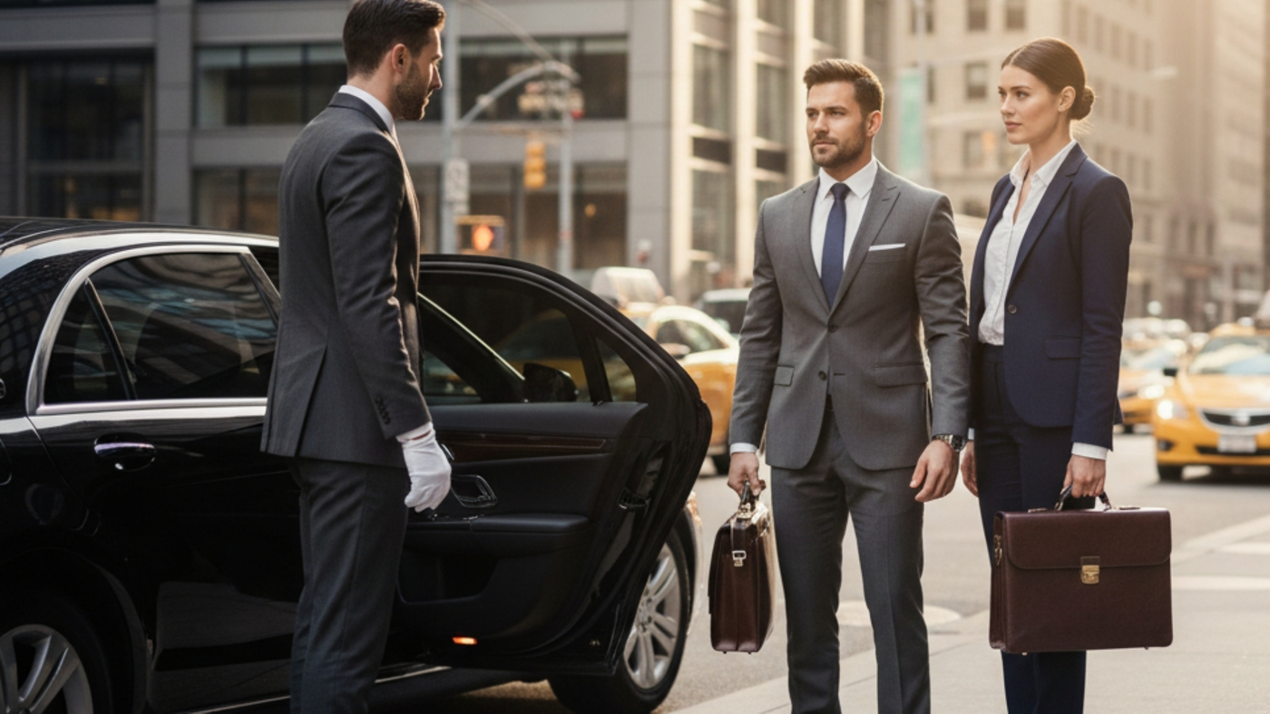 chauffeur opening luxury car door for two executives