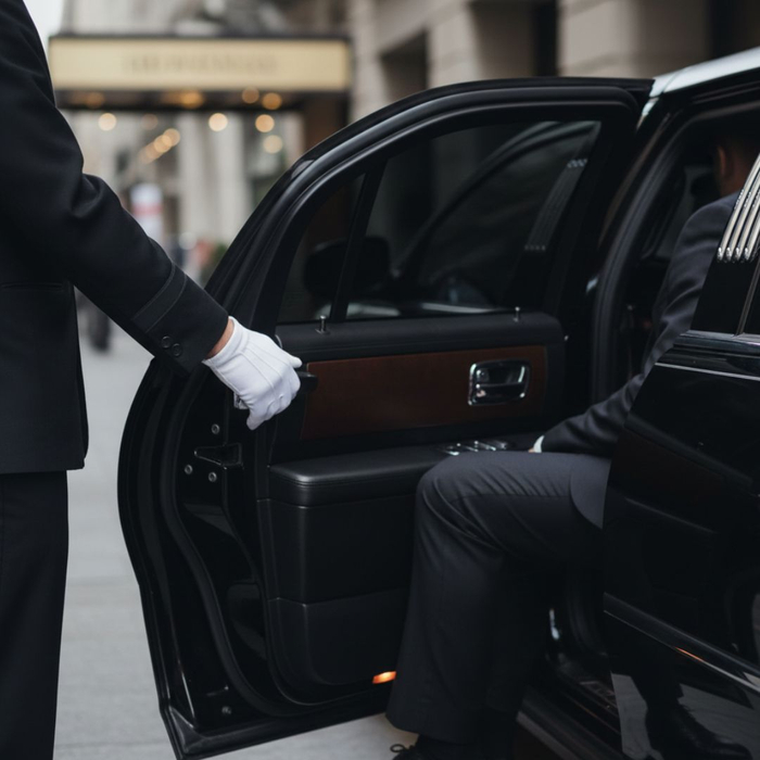 A formally dressed, gloved chauffeur holds the door open for a client entering a high-end luxury vehicle.