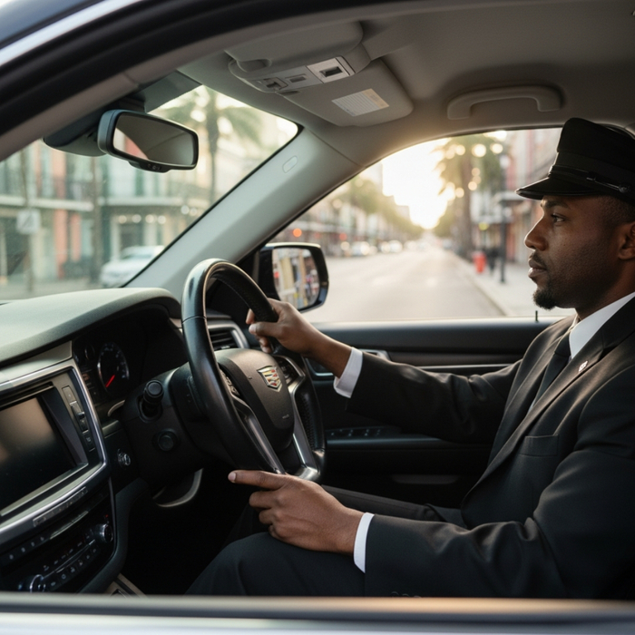 chauffeur in uniform focusing on driving