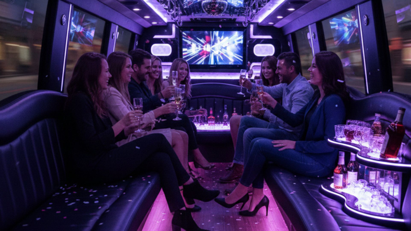 A group of friends laughing and celebrating inside a spacious luxury limo bus with soft ambient lighting.