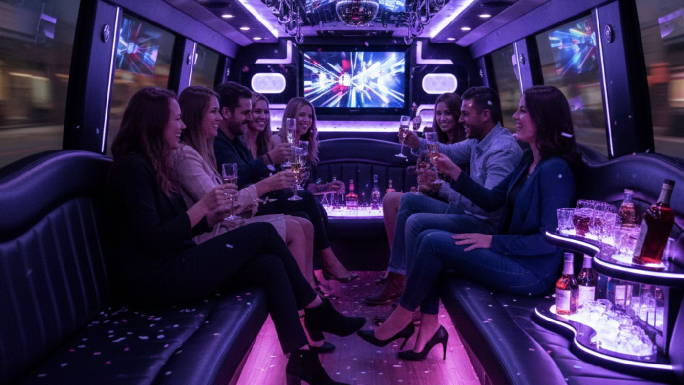A group of friends laughing and celebrating inside a spacious luxury limo bus with soft ambient lighting.