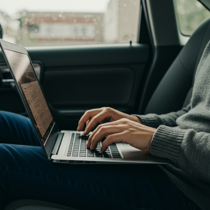 Hands typing on a laptop in the back of a car.