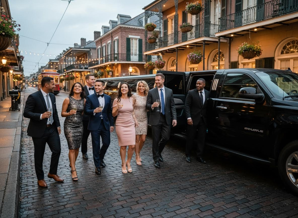Group of elegantly dressed people with a limousine on a historic street