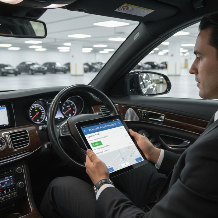 A chauffeur views a navigation and flight tracking application on a mounted tablet inside the vehicle cockpit.