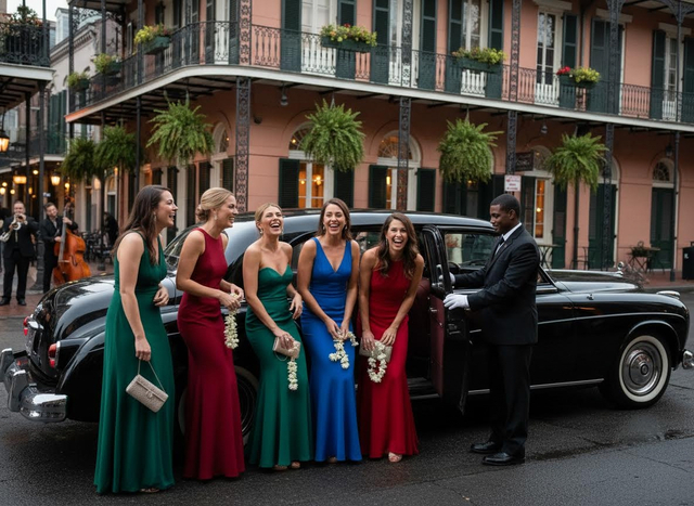 Bridesmaids with Chauffeur and Vintage Car in New Orleans