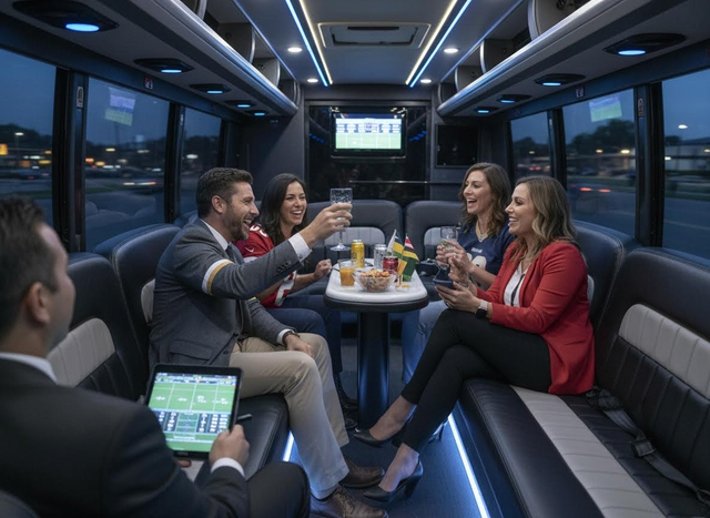 Friends watching sports and celebrating in a luxury party bus