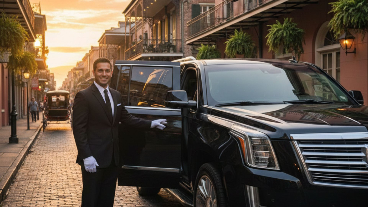 A professional chauffeur smiles while opening the back door of a luxury black SUV for arriving passengers at dusk.
