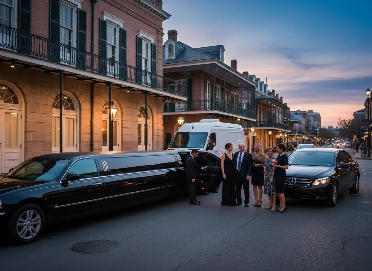 Elegant Group with Limousine in Historic City at Dusk