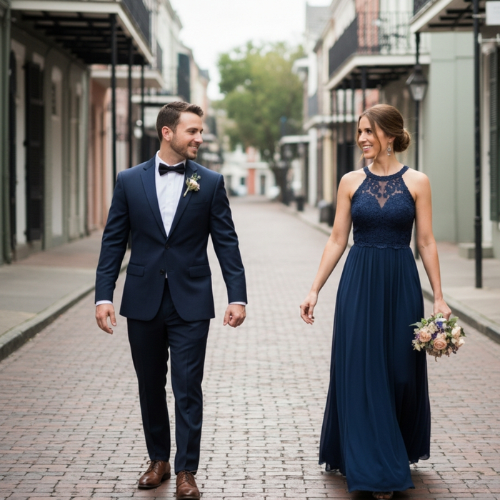 Elegant couple strolling through a historic New Orleans neighborhood