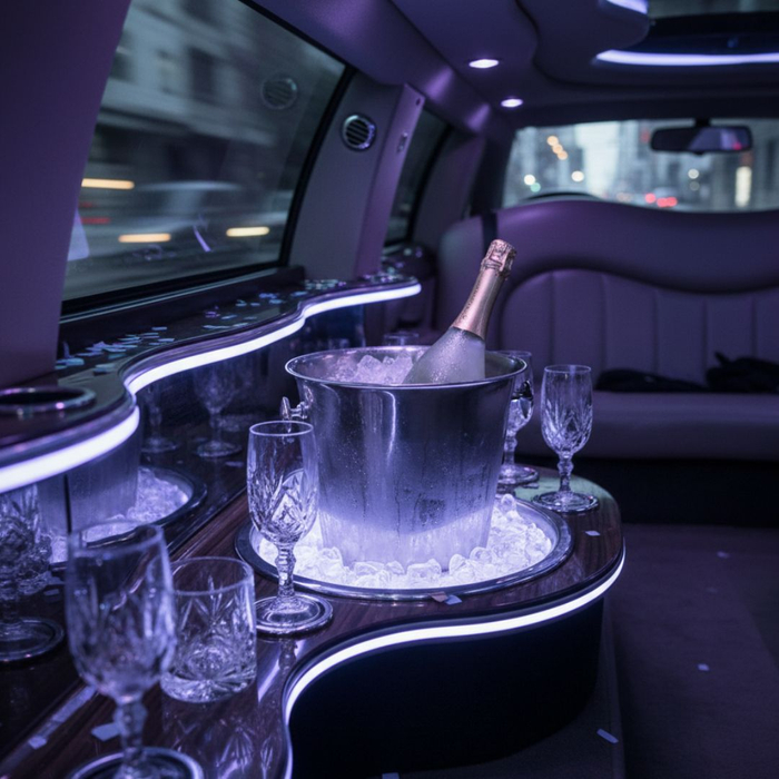 A close-up shot of crystal glassware and a cooling bottle of sparkling beverage in a limousine's bar area.