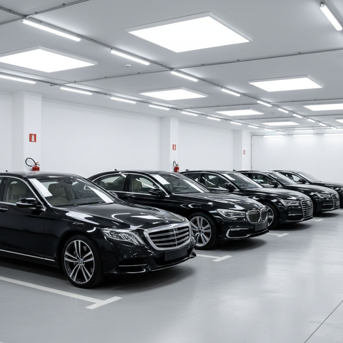 Several pristine black luxury sedans are lined up in a well-maintained indoor parking facility.